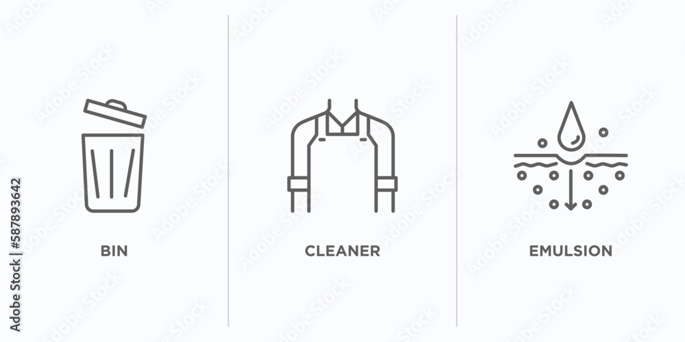 Poster cleaning outline icons set. thin line icons such as bin, cleaner, emulsion vector. linear icon sheet
