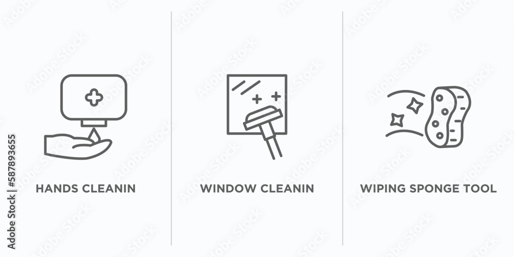 Poster cleaning outline icons set. thin line icons such as hands cleanin, window cleanin, wiping sponge too