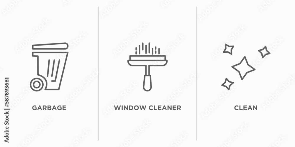 Poster cleaning outline icons set. thin line icons such as garbage, window cleaner, clean vector. linear ic