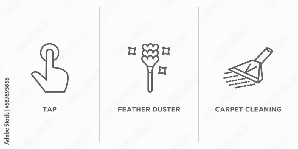 Poster cleaning outline icons set. thin line icons such as tap, feather duster, carpet cleaning vector. lin