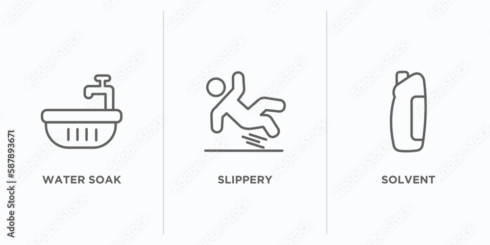 Poster cleaning outline icons set. thin line icons such as water soak, slippery, solvent vector. linear ico