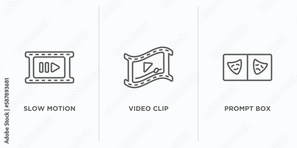 Poster cinema outline icons set. thin line icons such as slow motion, video clip, prompt box vector. linear