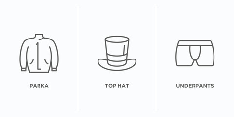 clothes outline icons set. thin line icons such as parka, top hat, underpants vector. linear icon sheet can be used web and mobile