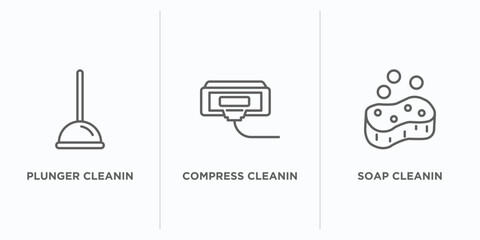 cleaning outline icons set. thin line icons such as plunger cleanin, compress cleanin, soap cleanin vector. linear icon sheet can be used web and mobile