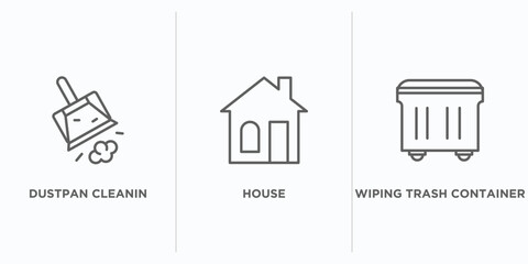 cleaning outline icons set. thin line icons such as dustpan cleanin, house, wiping trash container vector. linear icon sheet can be used web and mobile