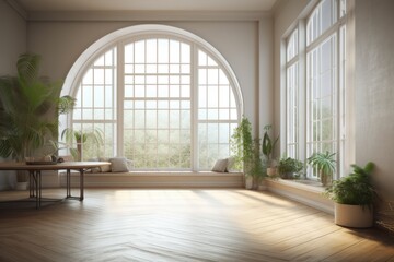 Spacious Room with a Large Window and Table. Generative AI