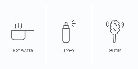 cleaning outline icons set. thin line icons such as hot water, spray, duster vector. linear icon sheet can be used web and mobile