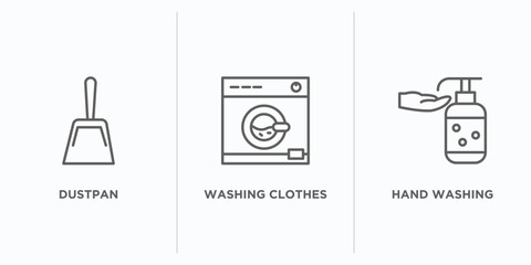 cleaning outline icons set. thin line icons such as dustpan, washing clothes, hand washing vector. linear icon sheet can be used web and mobile