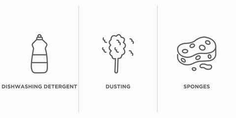 cleaning outline icons set. thin line icons such as dishwashing detergent, dusting, sponges vector. linear icon sheet can be used web and mobile