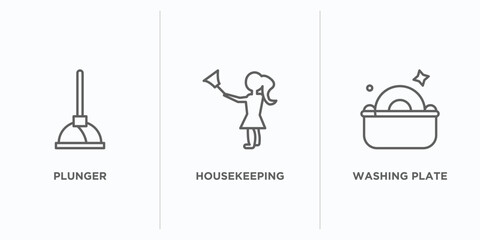 cleaning outline icons set. thin line icons such as plunger, housekeeping, washing plate vector. linear icon sheet can be used web and mobile