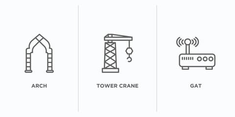 city elements outline icons set. thin line icons such as arch, tower crane, gat vector. linear icon sheet can be used web and mobile