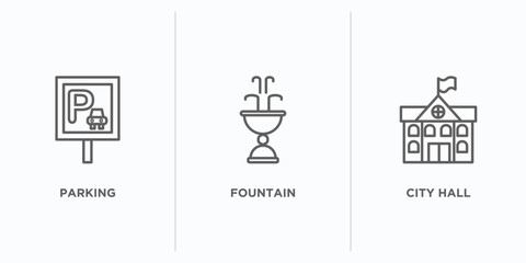 city elements outline icons set. thin line icons such as parking, fountain, city hall vector. linear icon sheet can be used web and mobile - obrazy, fototapety, plakaty