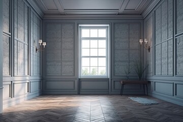 Illustration of an empty room with natural lighting and simple interior elements. Generative AI