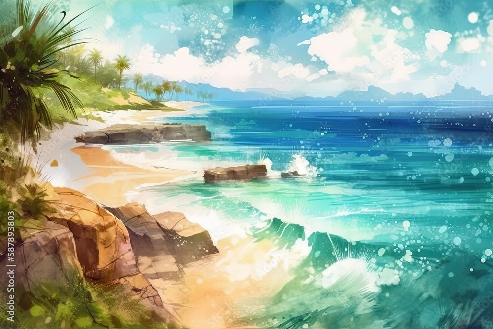 Poster serene tropical beach with swaying palm trees. generative ai