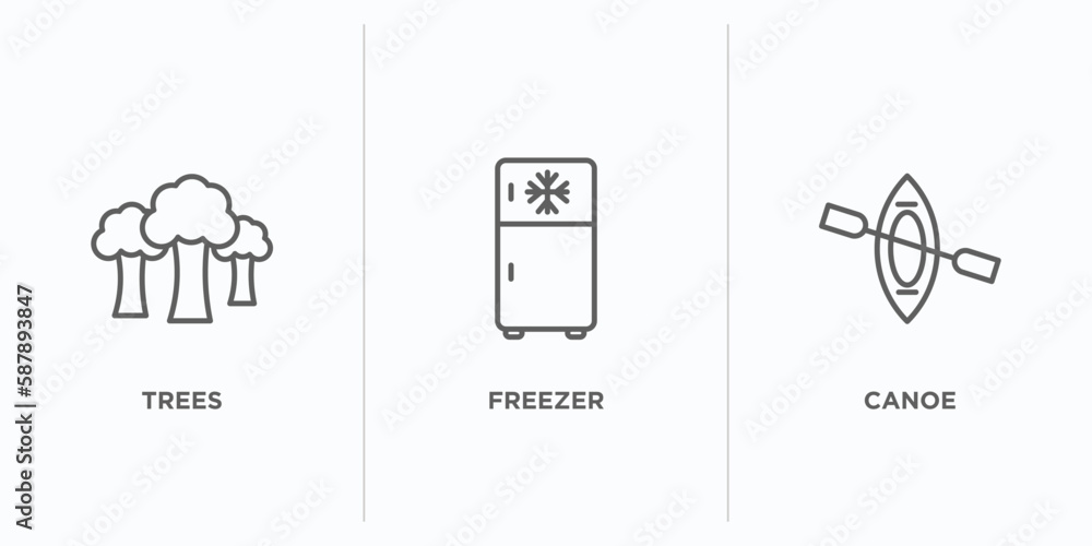 Poster camping outline icons set. thin line icons such as trees, freezer, canoe vector. linear icon sheet c