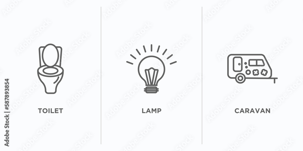 Poster camping outline icons set. thin line icons such as toilet, lamp, caravan vector. linear icon sheet c