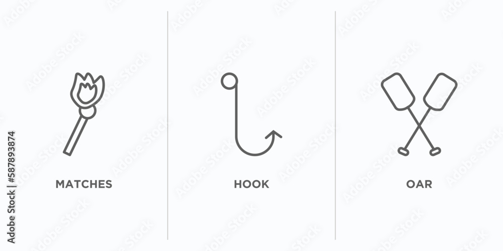 Aufkleber camping outline icons set. thin line icons such as matches, hook, oar vector. linear icon sheet can 