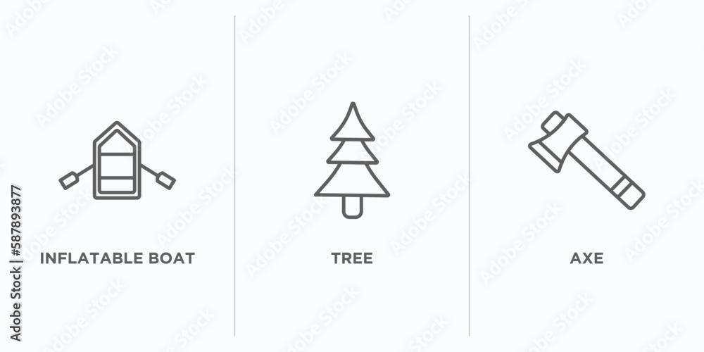 Poster camping outline icons set. thin line icons such as inflatable boat, tree, axe vector. linear icon sh