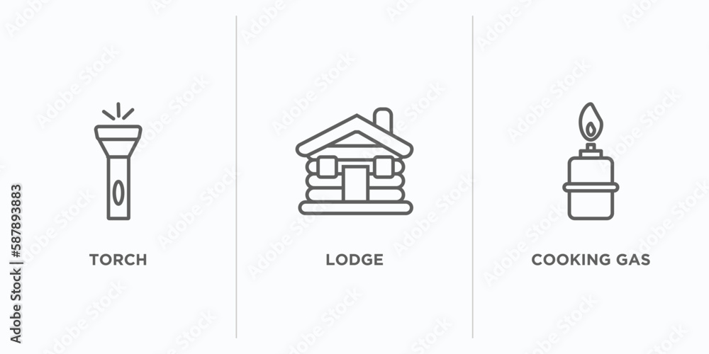 Poster camping outline icons set. thin line icons such as torch, lodge, cooking gas vector. linear icon she