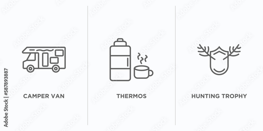 Poster camping outline icons set. thin line icons such as camper van, thermos, hunting trophy vector. linea