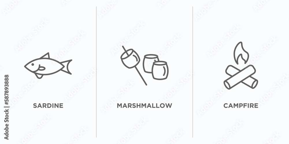 Poster camping outline icons set. thin line icons such as sardine, marshmallow, campfire vector. linear ico
