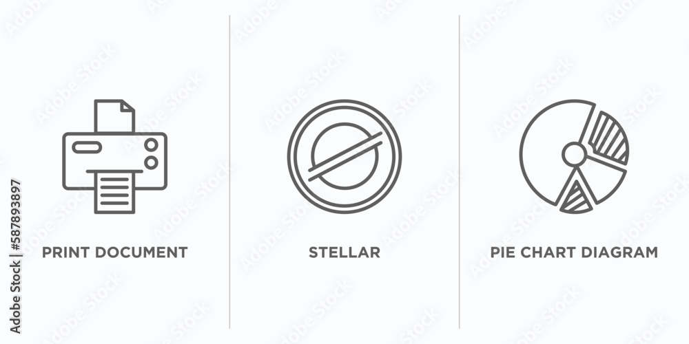 Poster business and finance outline icons set. thin line icons such as print document, stellar, pie chart d