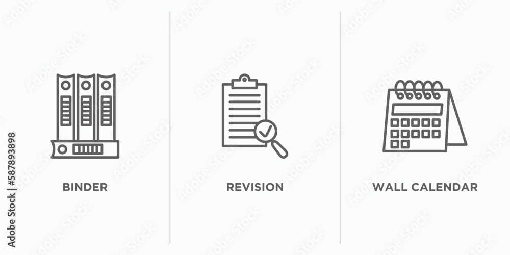 Poster business and finance outline icons set. thin line icons such as binder, revision, wall calendar vect