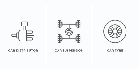 car parts outline icons set. thin line icons such as car distributor, car suspension, tyre vector. linear icon sheet can be used web and mobile