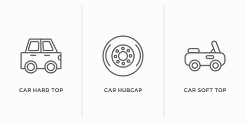 car parts outline icons set. thin line icons such as car hard top, car hubcap, soft top vector. linear icon sheet can be used web and mobile