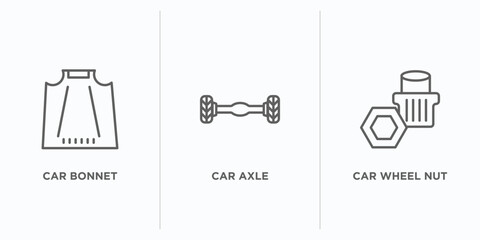car parts outline icons set. thin line icons such as car bonnet, car axle, wheel nut vector. linear icon sheet can be used web and mobile
