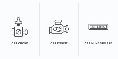 car parts outline icons set. thin line icons such as car choke, car engine, numberplate vector. linear icon sheet can be used web and mobile