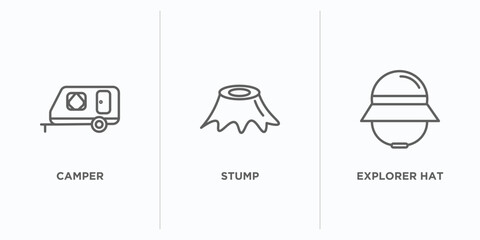 camping outline icons set. thin line icons such as camper, stump, explorer hat vector. linear icon sheet can be used web and mobile