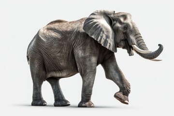 Obraz premium Illustration of an elephant standing on a white background with its trunk up in the air. Generative AI