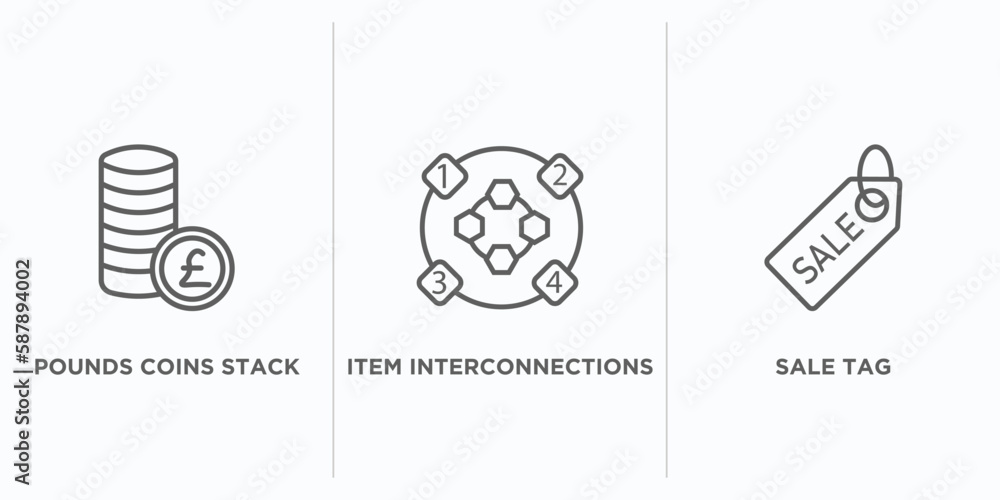Aufkleber business outline icons set. thin line icons such as pounds coins stack, item interconnections, sale 