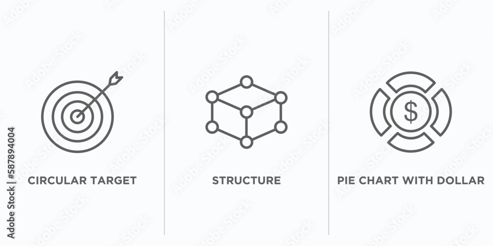Poster business outline icons set. thin line icons such as circular target, structure, pie chart with dolla