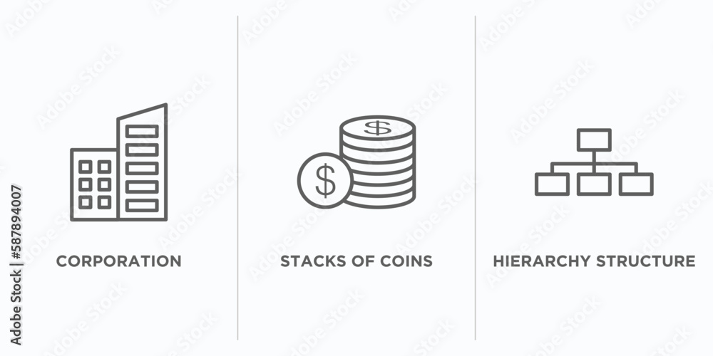 Poster business outline icons set. thin line icons such as corporation, stacks of coins, hierarchy structur