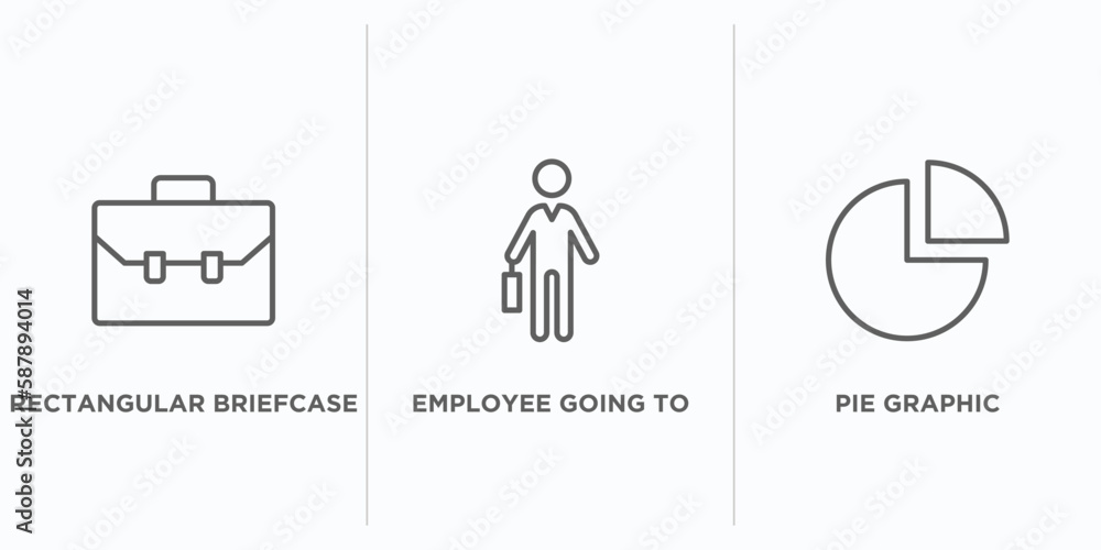 Poster business outline icons set. thin line icons such as rectangular briefcase, employee going to work, p