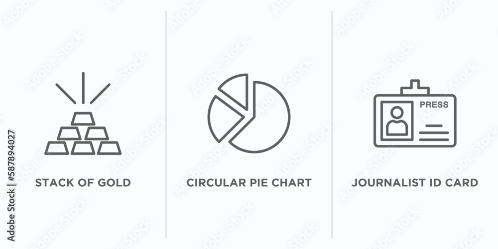 Poster business outline icons set. thin line icons such as stack of gold, circular pie chart, journalist id