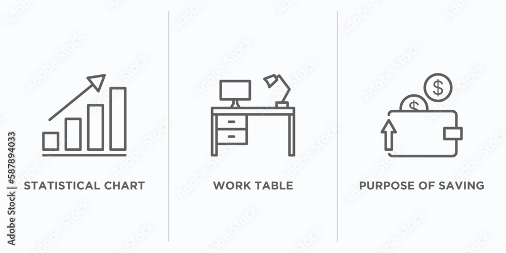 Poster business outline icons set. thin line icons such as statistical chart, work table, purpose of saving