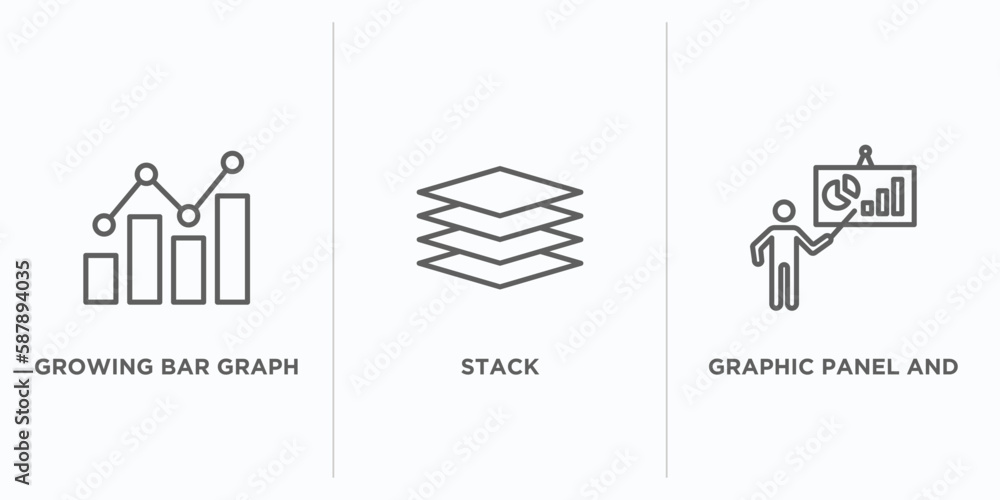 Poster business outline icons set. thin line icons such as growing bar graph, stack, graphic panel and man 