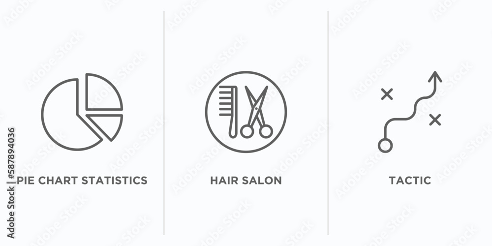 Poster business outline icons set. thin line icons such as pie chart statistics, hair salon, tactic vector.