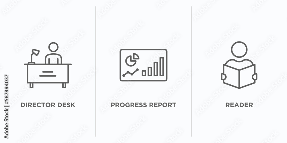 Poster business outline icons set. thin line icons such as director desk, progress report, reader vector. l