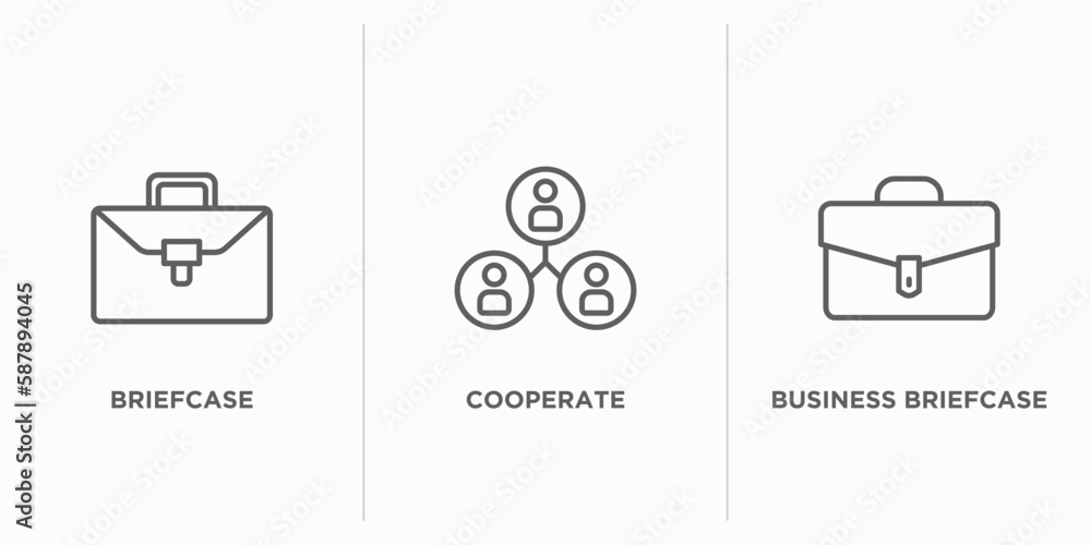 Poster business outline icons set. thin line icons such as briefcase, cooperate, business briefcase vector.