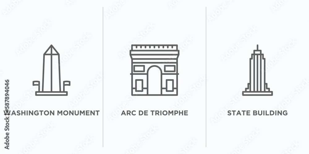 Poster buildings outline icons set. thin line icons such as washington monument, arc de triomphe, state bui