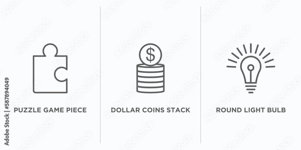 Poster business outline icons set. thin line icons such as puzzle game piece, dollar coins stack, round lig