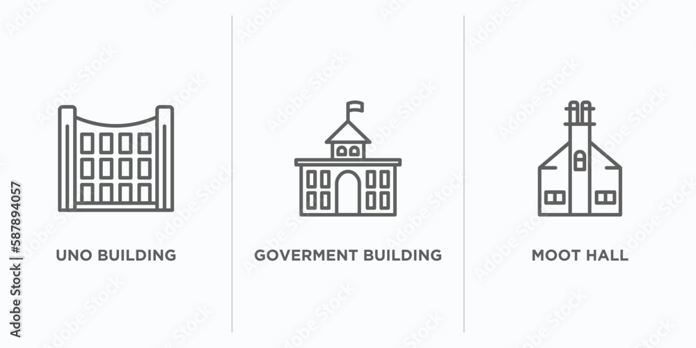 Poster buildings outline icons set. thin line icons such as uno building, goverment building, moot hall vec