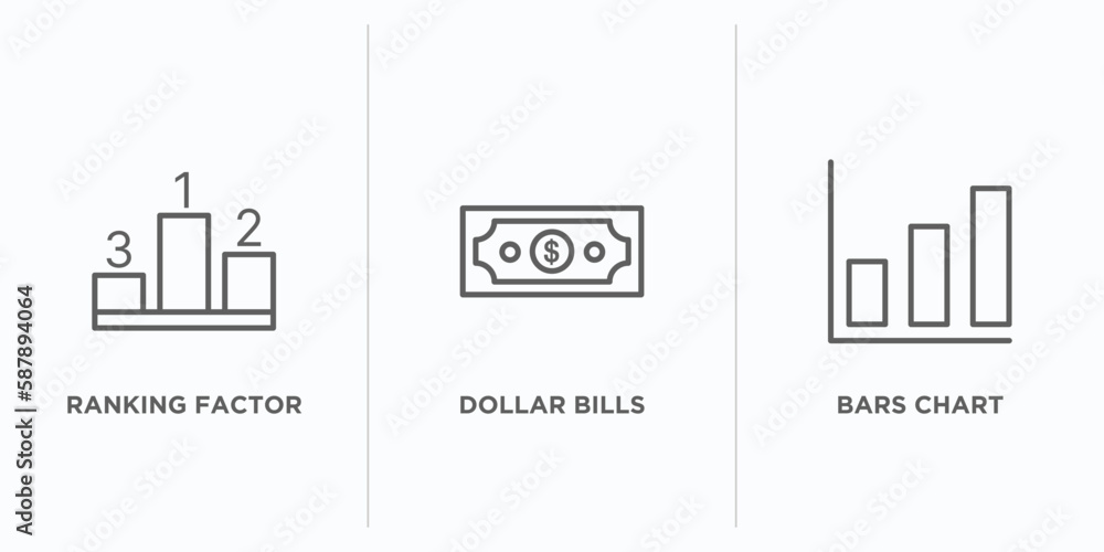 Aufkleber business outline icons set. thin line icons such as ranking factor, dollar bills, bars chart vector.