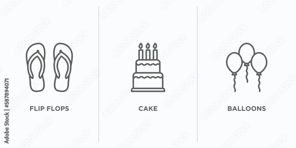 Poster brazilia outline icons set. thin line icons such as flip flops, cake, balloons vector. linear icon s