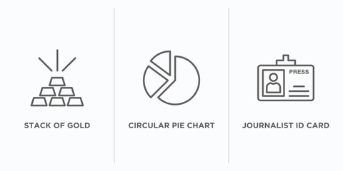 business outline icons set. thin line icons such as stack of gold, circular pie chart, journalist id card vector. linear icon sheet can be used web and mobile