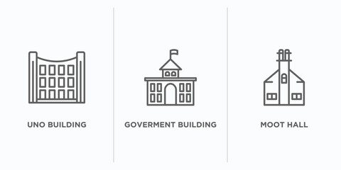 buildings outline icons set. thin line icons such as uno building, goverment building, moot hall vector. linear icon sheet can be used web and mobile